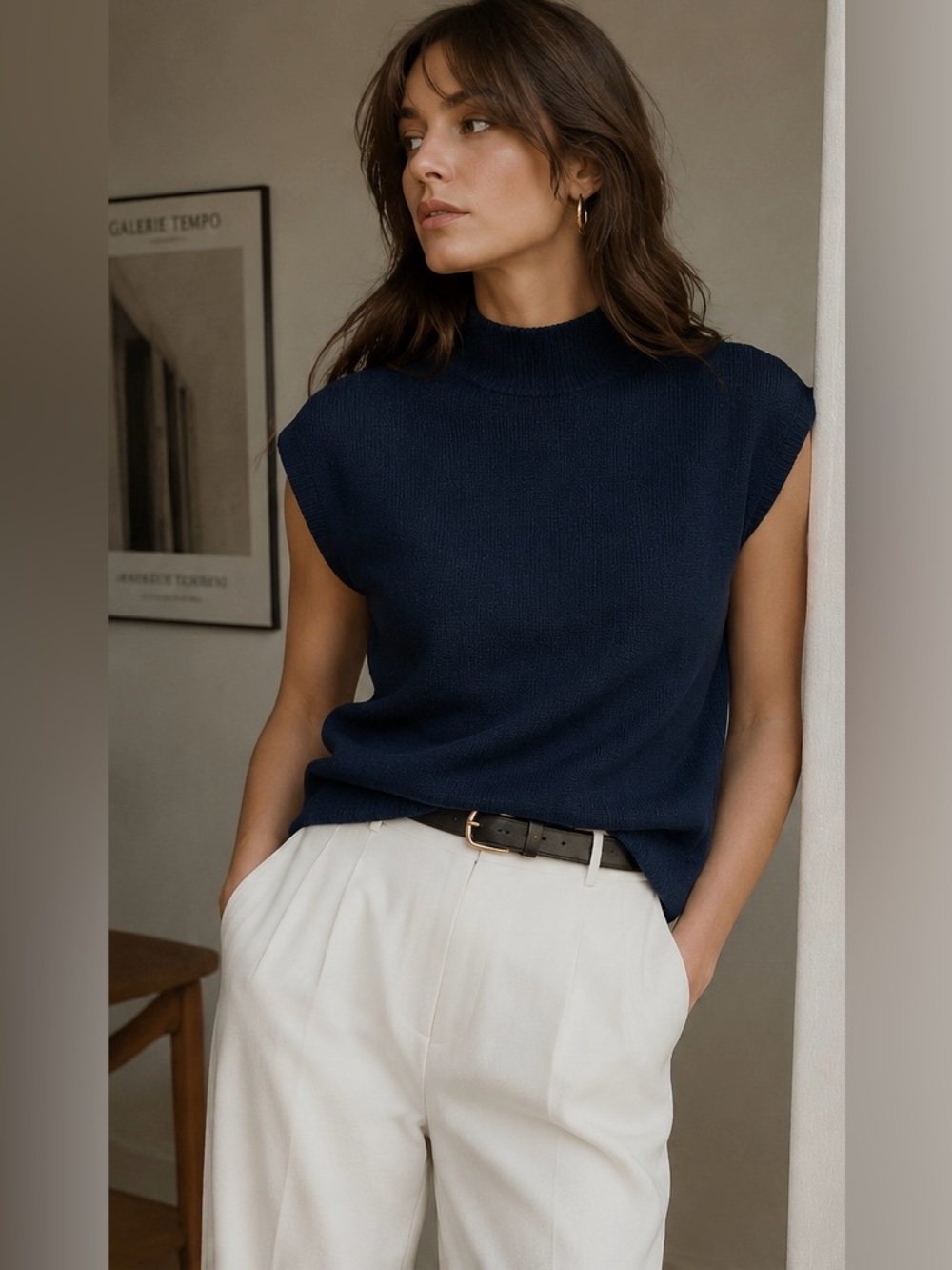 Vintage St. John Sport Navy Knit Mock Neck Zip Back Top 90s Minimalist Large